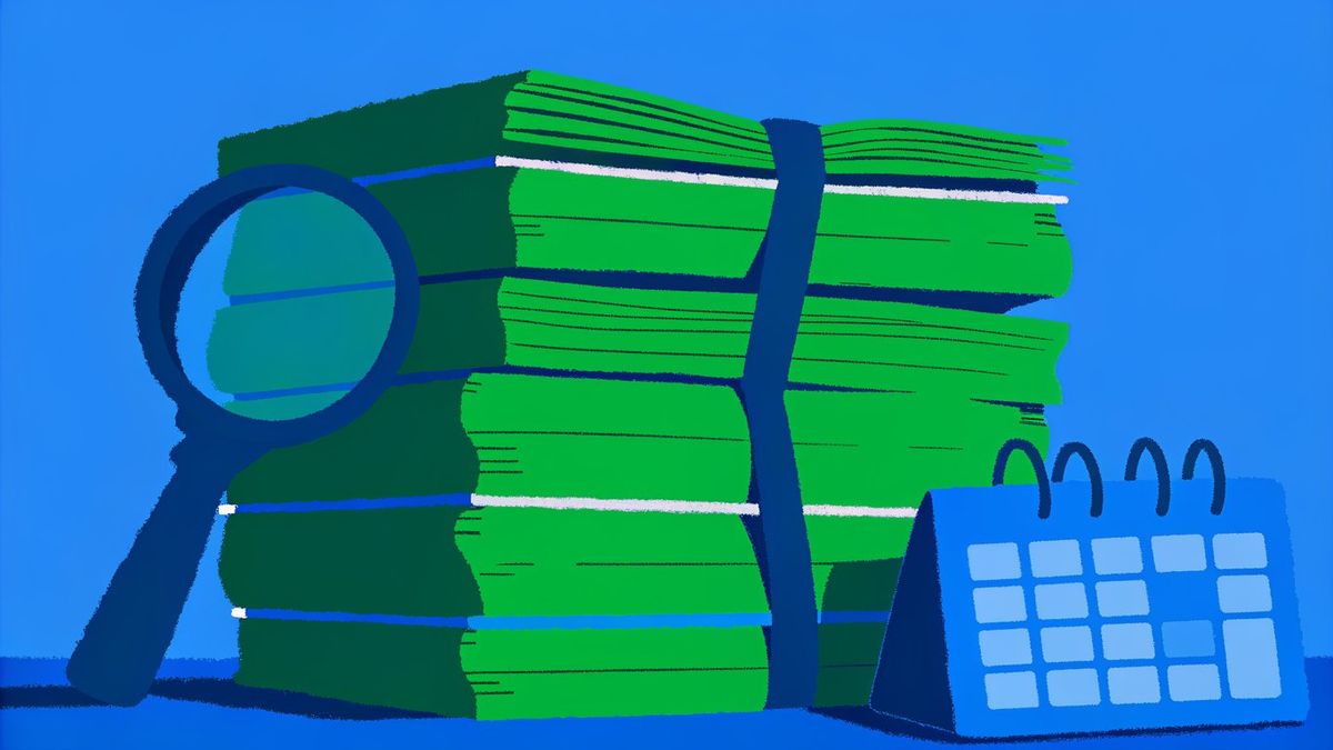 Illustration of a large stack of financial documents and forms, a magnifying glass, and a calendar, symbolizing the extensive paperwork and long waiting periods involved in a short sale.