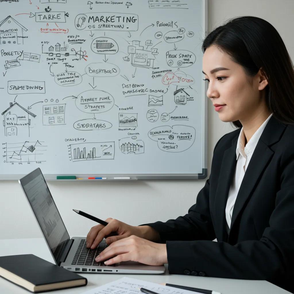 Real estate agent analyzing marketing strategies on a laptop with a whiteboard in the background