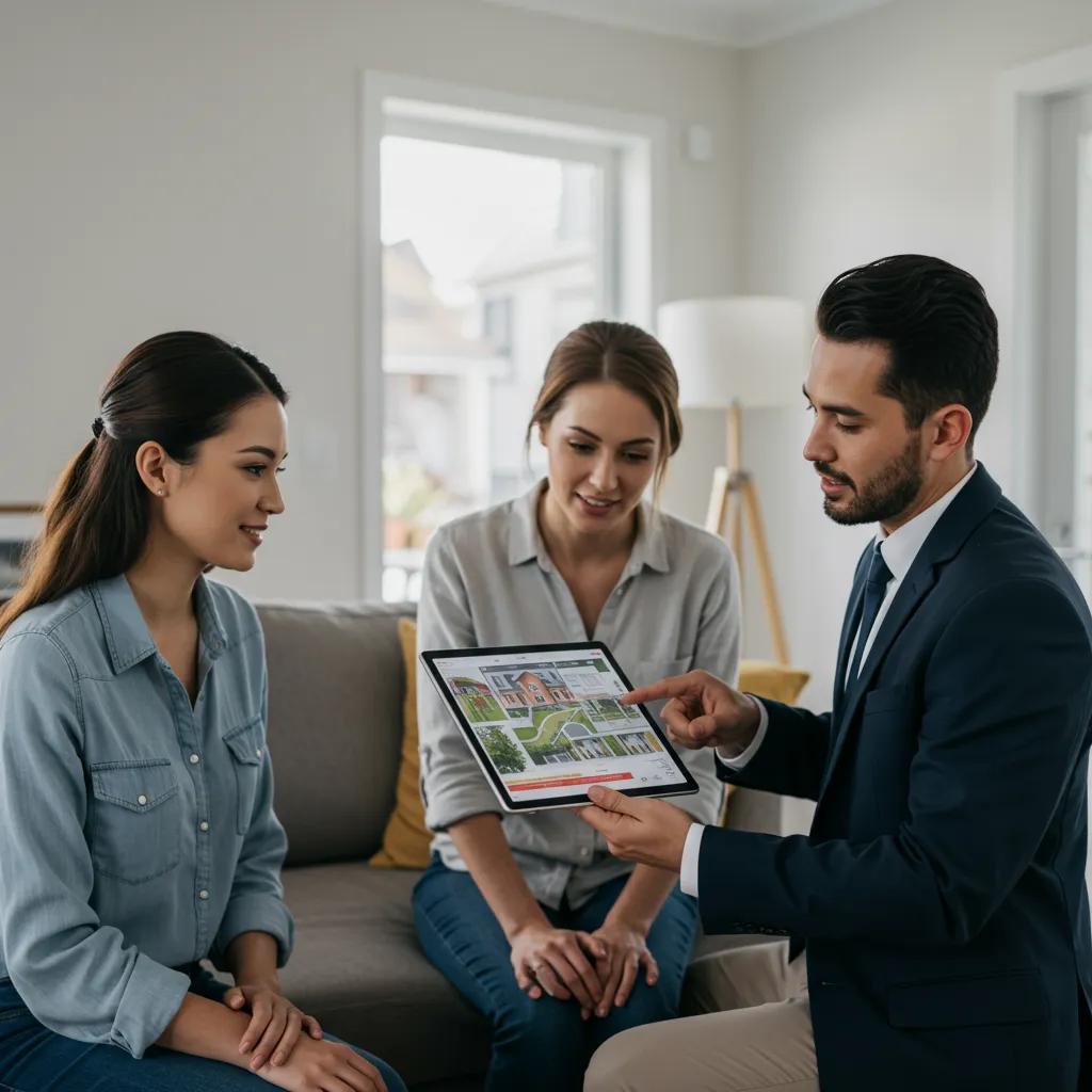 Real estate agent consulting with a homeowner about selling strategies in a modern living room