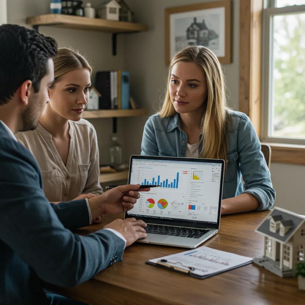 Real estate agent explaining Comparative Market Analysis to clients in a home office