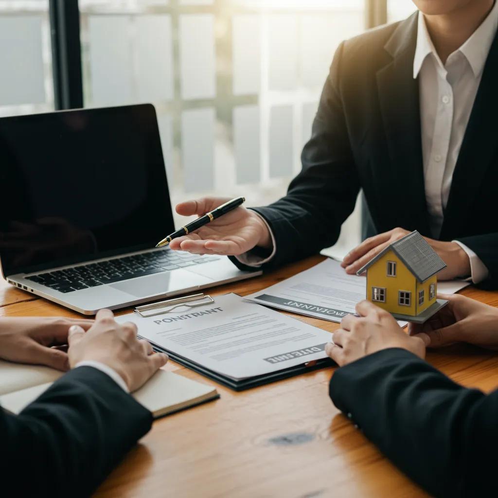 Real estate agent negotiating with a buyer at a table in a professional office setting