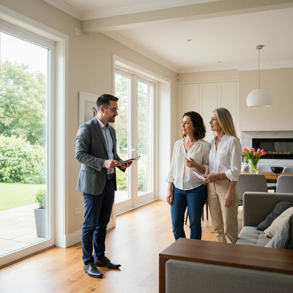 Real estate agent showing a staged home to interested sellers