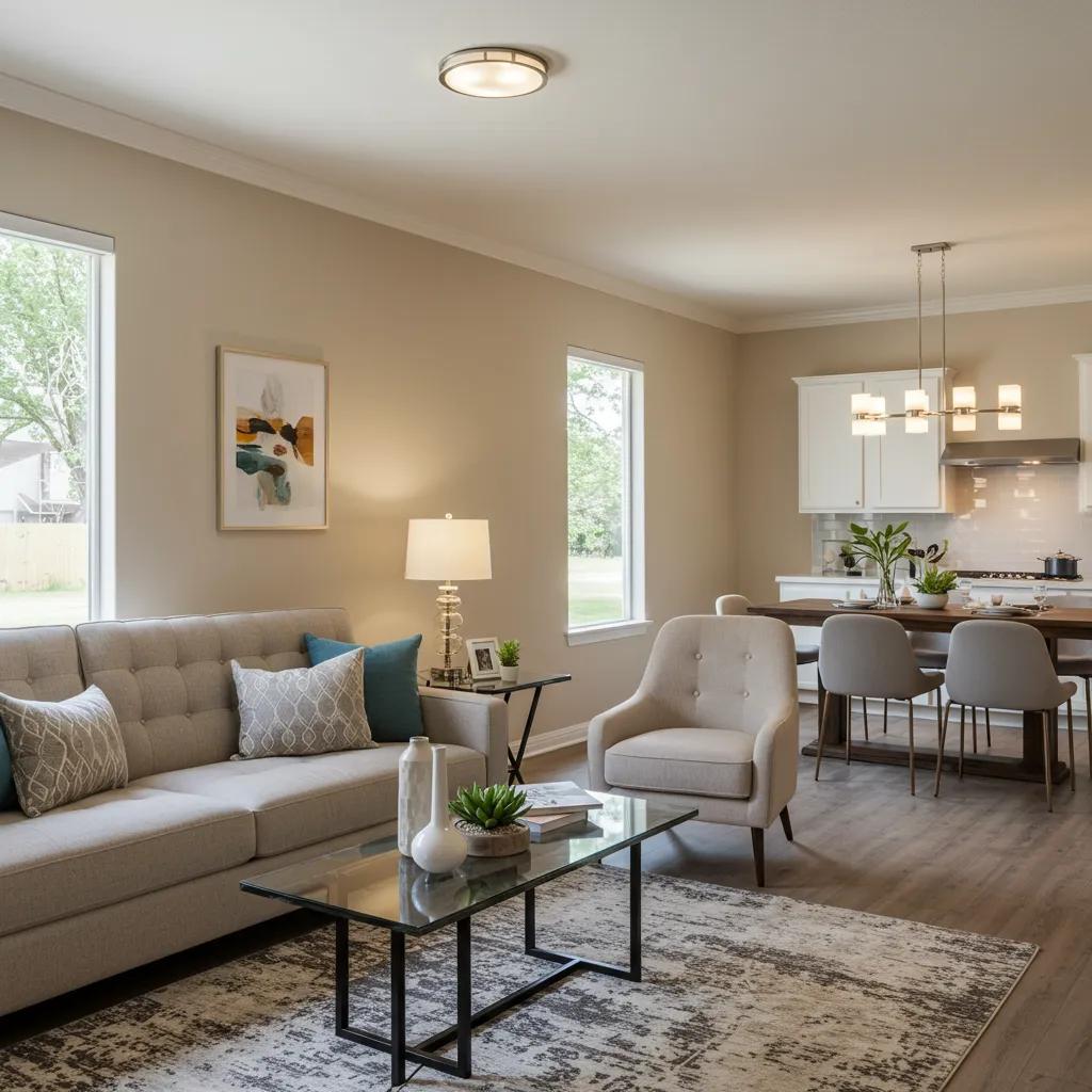 Staged living room showcasing modern decor and inviting atmosphere for home selling
