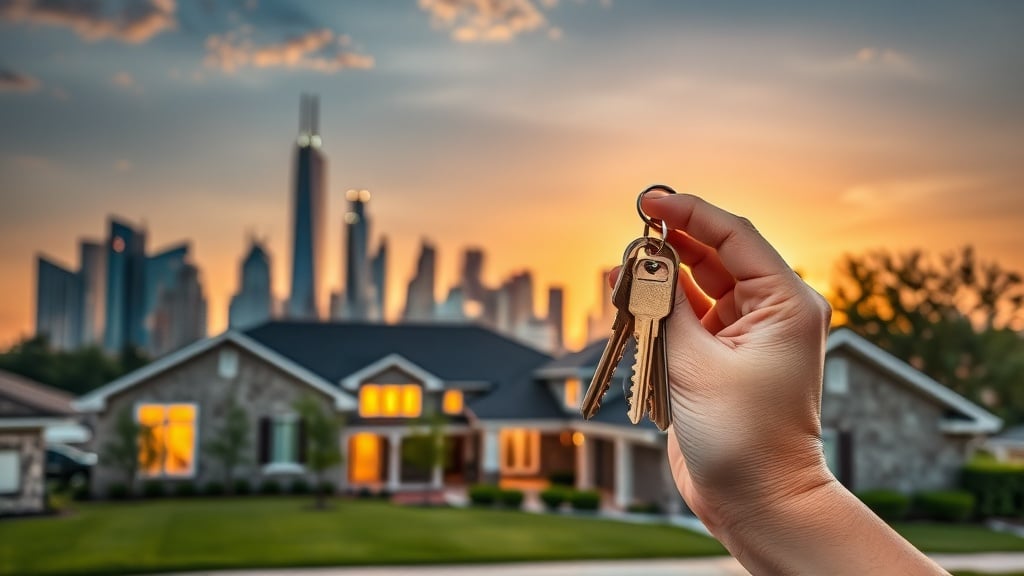A sunlit Houston skyline at dusk with a modern suburban home in the foreground. A family holds a set of keys, symbolizing new ownership before selling.