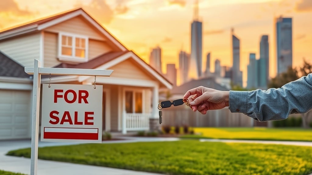 A bright suburban home in Houston with a “For Sale” sign fading into a “Rent” sign, a homeowner handing over keys to a new buyer while a sleek, modern city skyline glows in the background at sunset.