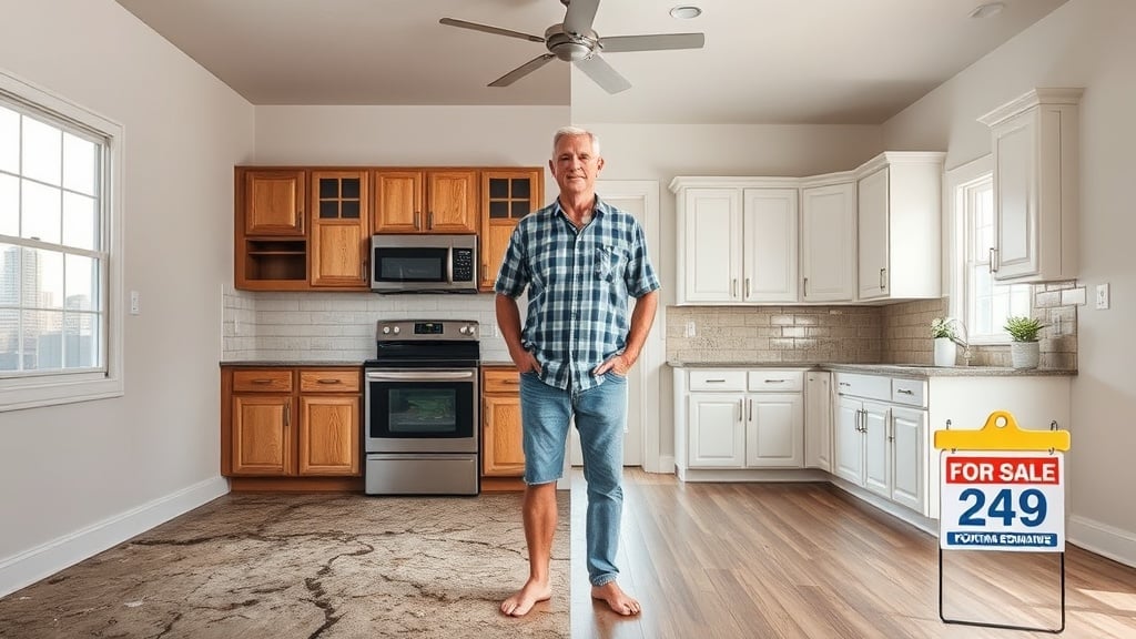 A homeowner stands in a Houston home, half of the kitchen shows a cracked foundation and outdated cabinets, while the other half gleams with modern renovation. A subtle Houston skyline and a “For Sale” sign frame the scene.