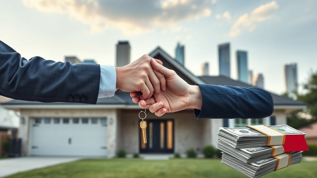A modern Texas home with the Houston skyline in the background, a seller handing a set of keys to a buyer in a warm handshake, subtle Texas flag motifs and a stack of money symbolizing owner financing.