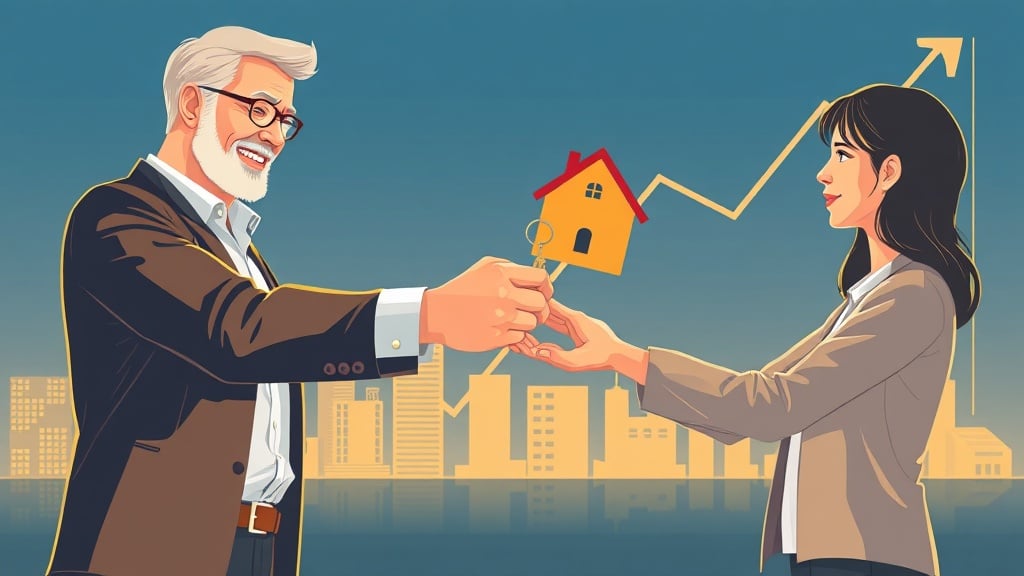 A stylized illustration of a confident homeowner handing a gleaming house key to a young buyer, with a subtle background of a modern city skyline and a rising interest rate graph overlay, evoking trust and opportunity. Soft, warm lighting highlights the handshake, while a faint blueprint of a home outlines the background, conveying the blend of real estate and finance.