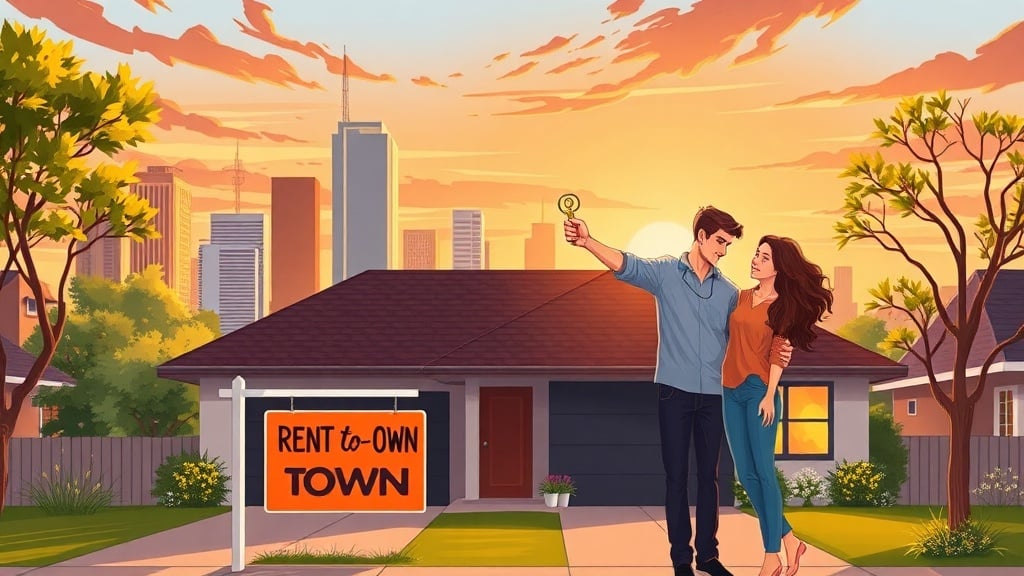 A vibrant illustration of a modern Houston suburb home with a “Rent-to-Own” sign in front, surrounded by the iconic Houston skyline at sunset, a hopeful young couple holding a key to symbolize the journey to homeownership, bathed in warm golden light to emphasize optimism and opportunity.