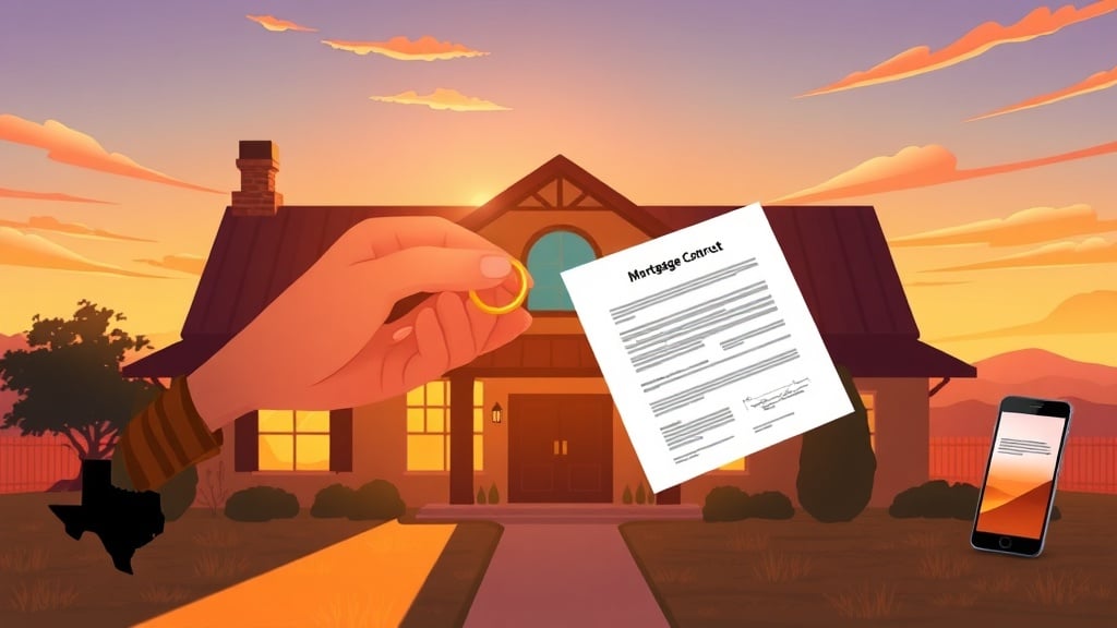 A vibrant illustration of a Texas ranch‑style house bathed in warm sunset light, with a pair of hands exchanging a golden key and a stylized mortgage contract, surrounded by subtle silhouettes of a Texas map and a phone screen, evoking the idea of inheriting favorable terms.