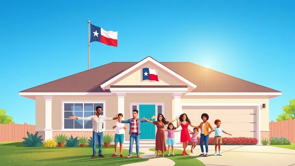 A vibrant illustration of a modern Texas ranch-style home with a diverse family standing proudly in front, arms outstretched, under a clear blue sky and a subtle Texas flag fluttering, radiating hope and the promise of homeownership through assistance.