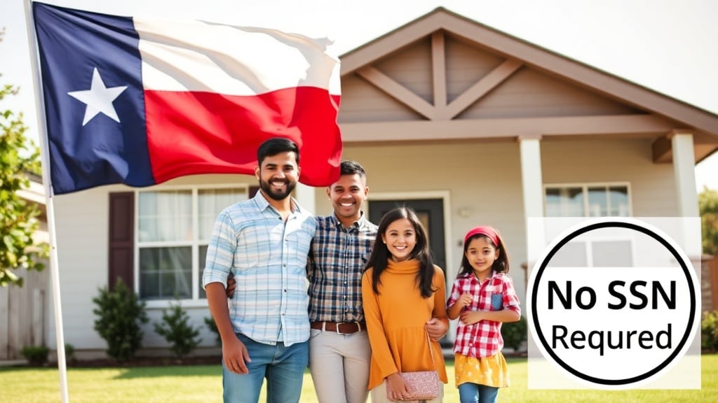 A hopeful immigrant family standing before a newly purchased Texas home, the bright state flag fluttering above, while a subtle “No SSN Required” symbol appears in the background, symbolizing new homeownership possibilities.