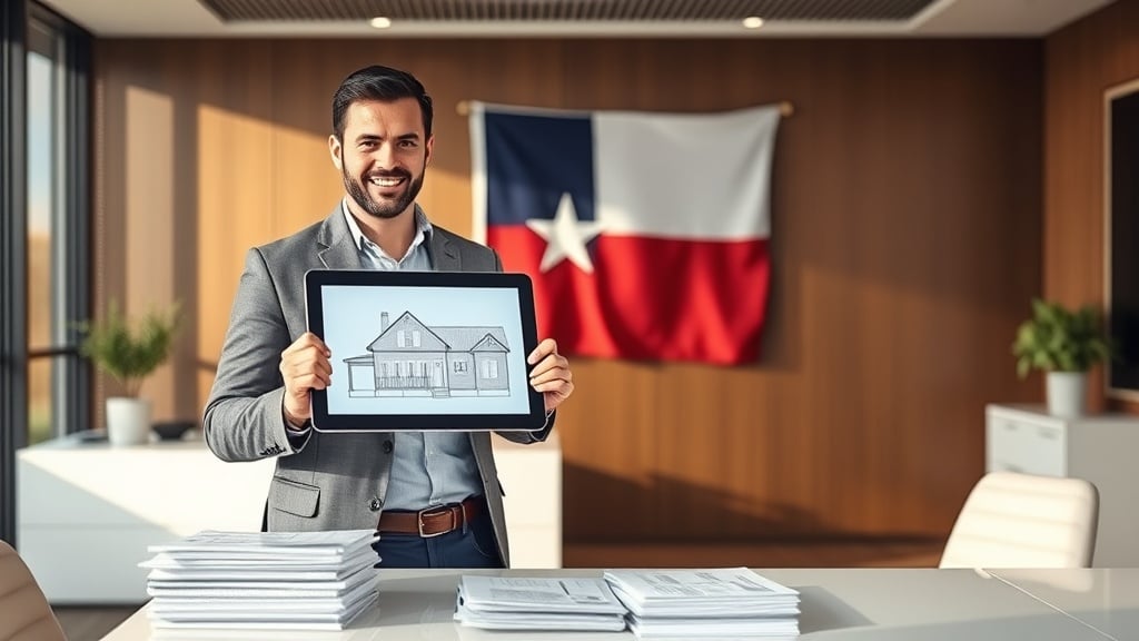 A confident self‑employed professional stands in a sleek Texas office, holding a tablet displaying a house blueprint while a stack of financial documents rests beside them, with a subtle Texas flag backdrop and warm natural light highlighting the scene, conveying opportunity and clarity.