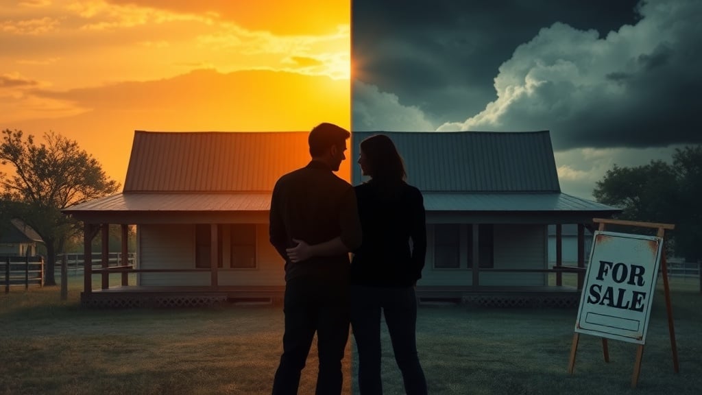 A Texas ranch house split in two: one side bathed in warm, sunny light, the other dim and stormy, with a &ldquo;For Sale&rdquo; sign leaning toward the brighter side. In the foreground, a translucent silhouette of a couple standing apart, their faces turned away, evoking the emotional divide of a divorce.