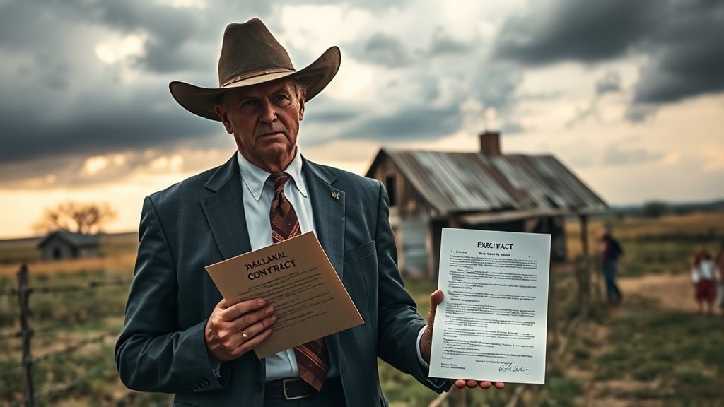 A weary executor in a crisp Texas suit stands beside a crumbling farmhouse, holding a legal contract, with stormy clouds gathering overhead and distant silhouettes of family members arguing in the background.