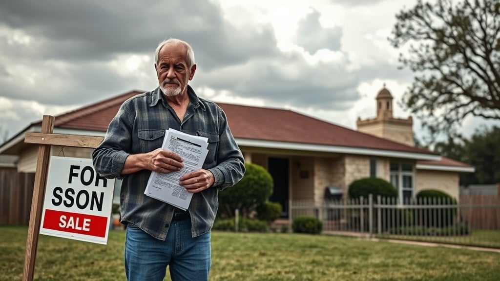 A weary Texas homeowner, clutching a stack of paperwork, stands beside a modest ranch‑style house with a &ldquo;FOR SALE&rdquo; sign turned upside down, under a cloudy sky while a distant courthouse silhouette hints at the looming legal process of a short sale.