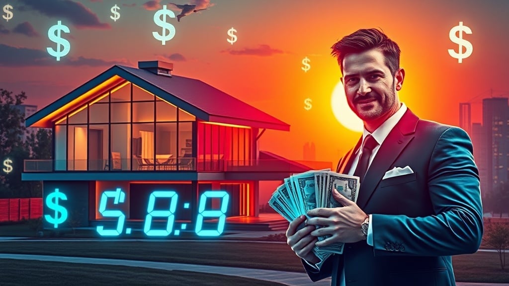 A sleek, glass‑faced suburban home glows under a neon sunset, surrounded by floating holographic dollar signs and a transparent digital countdown timer, while a confident investor in a tailored suit holds a stack of crisp cash, with a futuristic city skyline in the background. The scene radiates urgency, financial power, and a cutting‑edge 2026 real‑estate vibe.