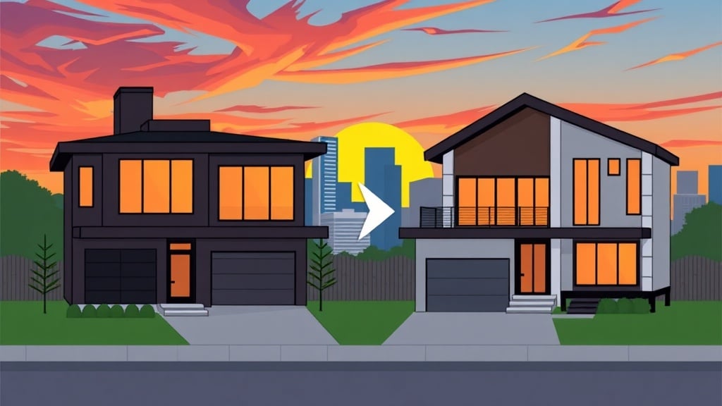 A stylized illustration of a modern Houston home exchanging places with a sleek new house, set against a vibrant skyline at sunset, with a subtle trade arrow connecting the two structures.