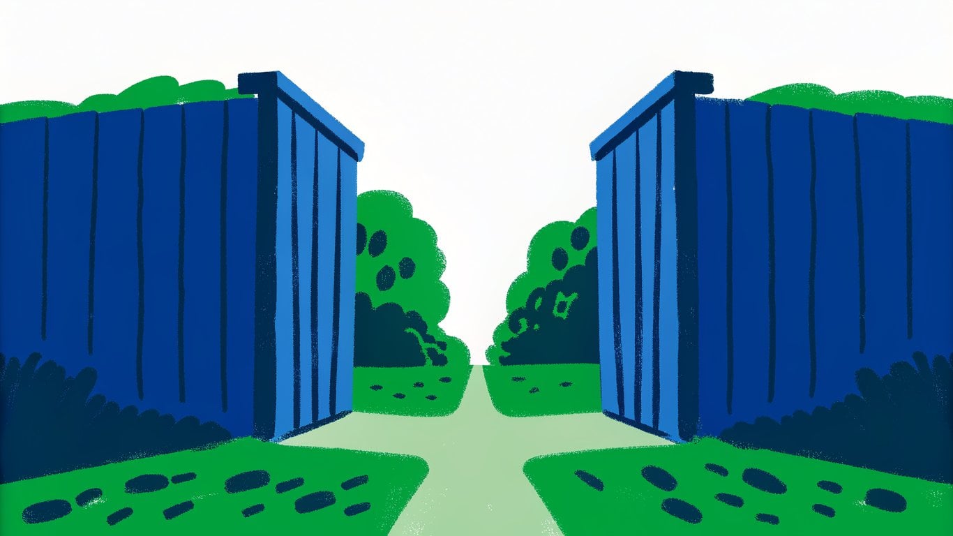 Illustration of two blue gates opening to a green pathway, symbolizing opportunities in the Texas real estate market and assumable mortgages.