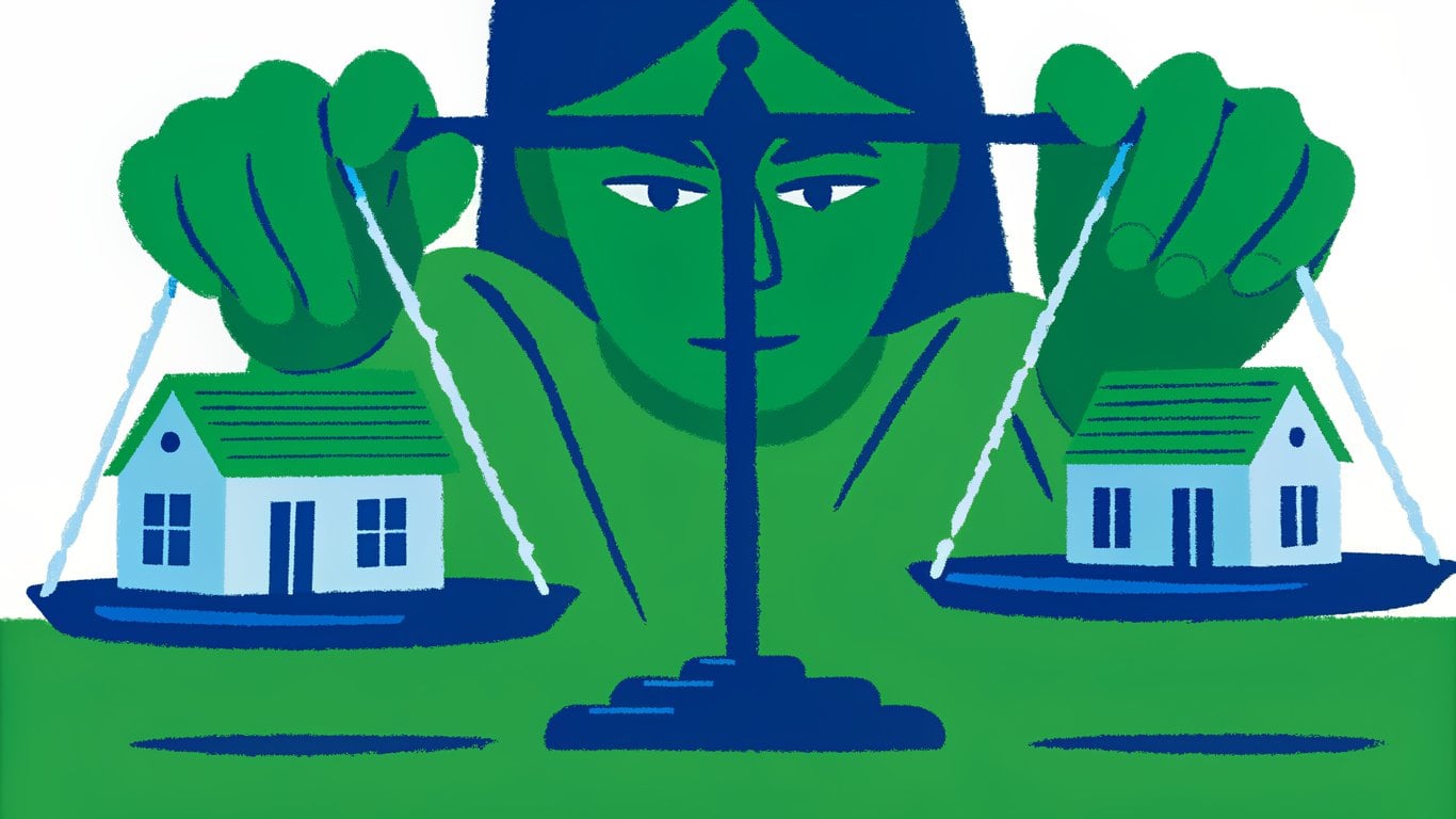 Person weighing two houses on a balance scale, symbolizing financial considerations for home buyers managing multiple properties.