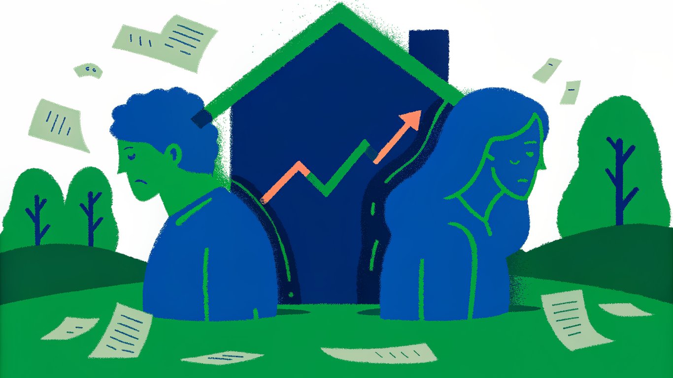Illustration of a couple in distress, separated by a house, surrounded by financial and legal documents, symbolizing divorce and home sale stress.