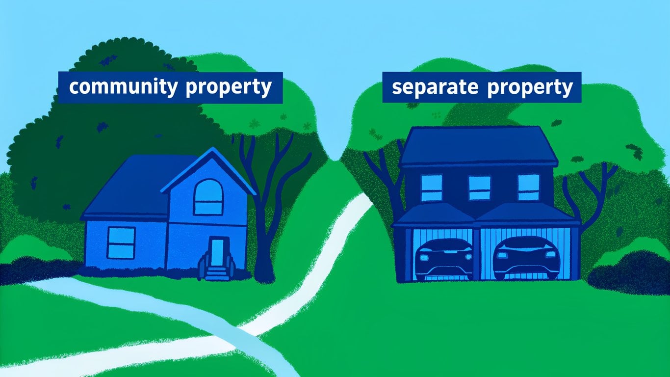 Diagram illustrating community property and separate property, with a house and car in the shared section and an heirloom in the individual section, showing a small overlap.