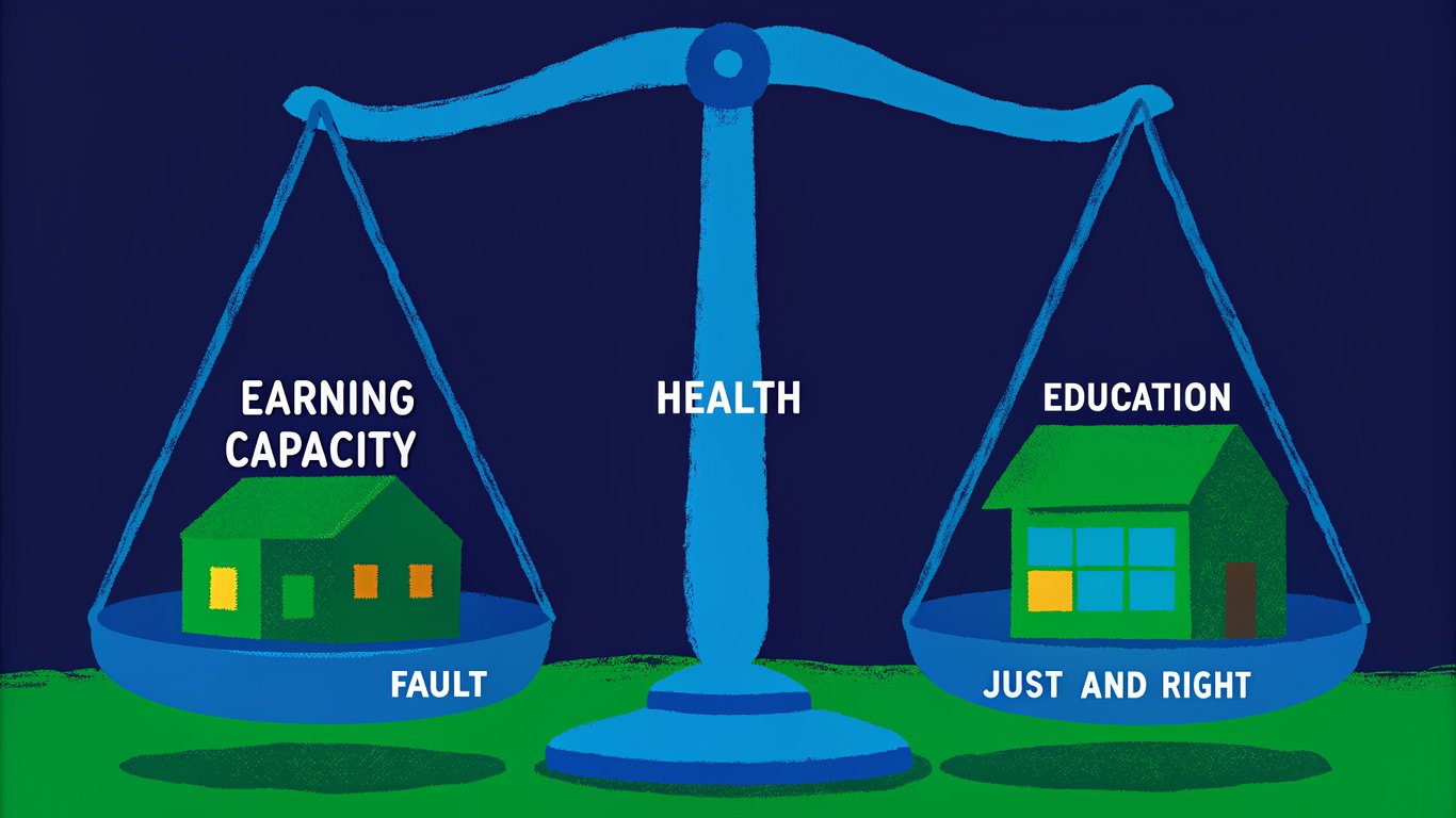 An unbalanced scale with icons representing factors like earning capacity, health, and fault on one side, and a house on the other, symbolizing Texas's 'just and right' property division.