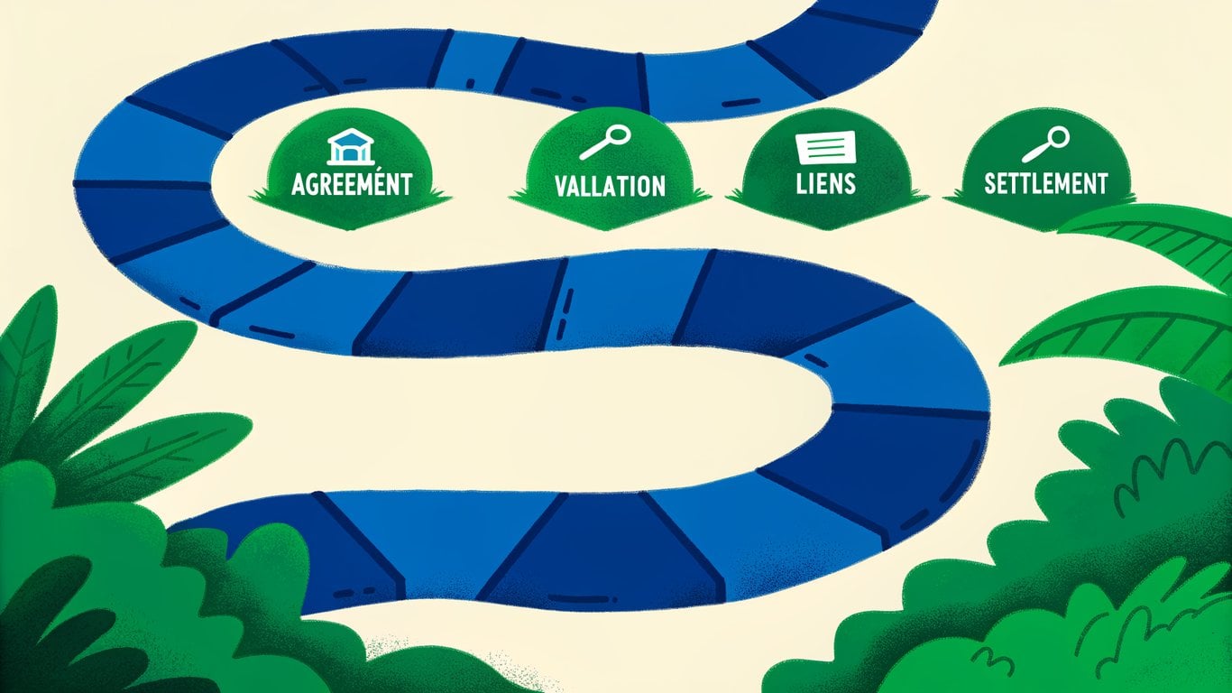 A visual roadmap showing numbered steps: agreement, valuation, liens, and settlement, leading to a house, representing the legal process of selling a home during divorce.