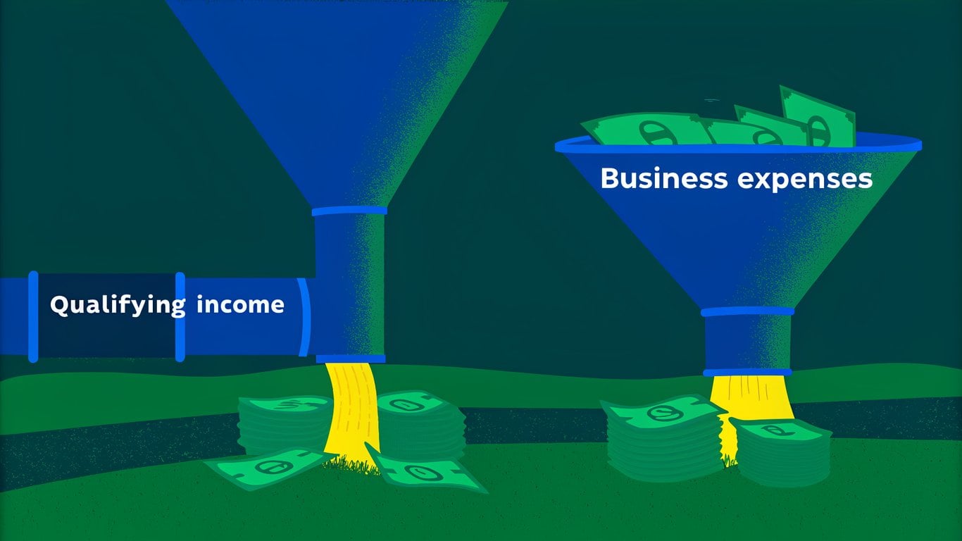 An illustration showing a large stream of deposits entering a bank account, with a portion being filtered out as business expenses, resulting in a smaller, calculated qualifying income.