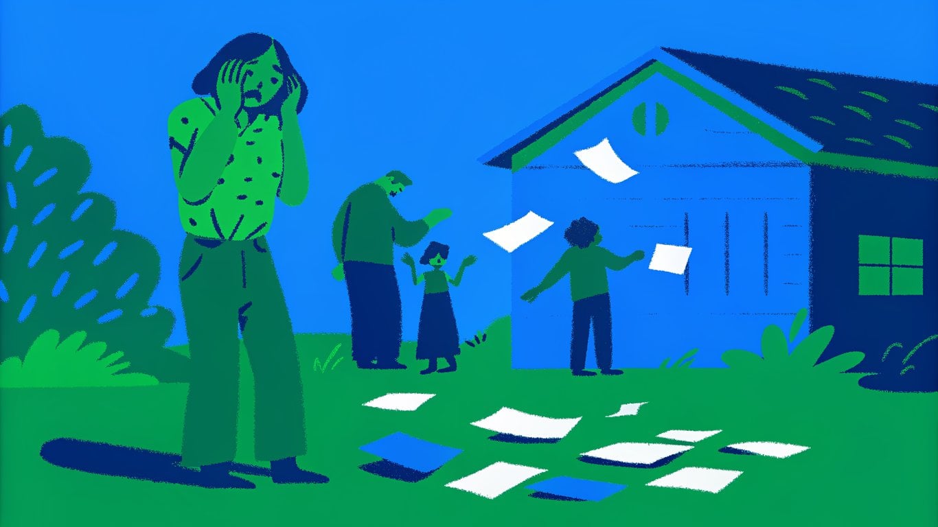 Illustration of a person overwhelmed by legal documents, a house, and family, symbolizing the stress of probate.