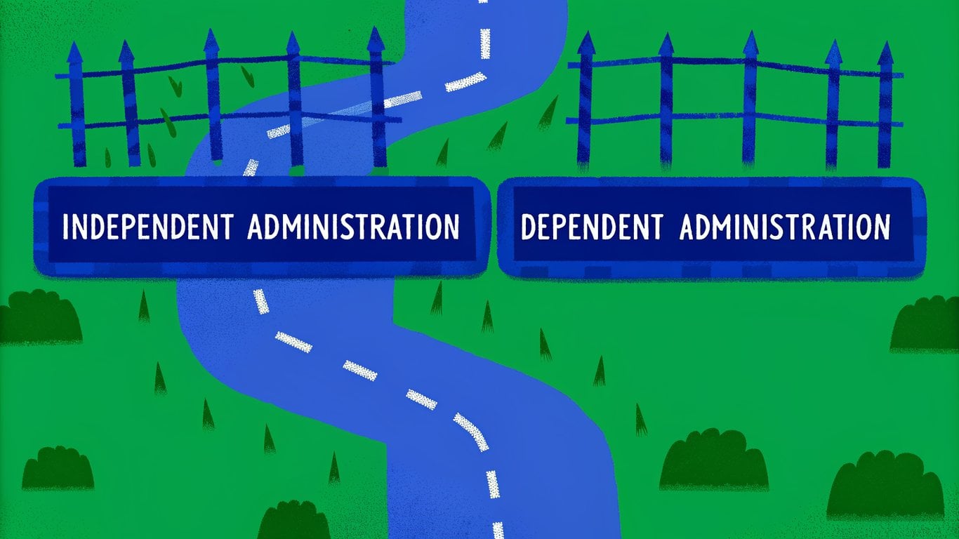 Illustration of two diverging paths, one clear and one complex, representing independent versus dependent probate administration.
