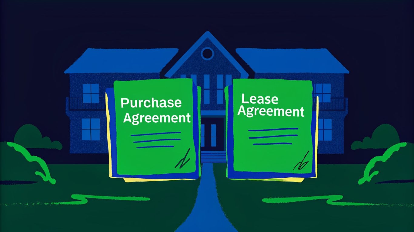 Illustration of a purchase agreement and a lease agreement overlapping a house silhouette, representing the two contracts in a sell-and-stay program.