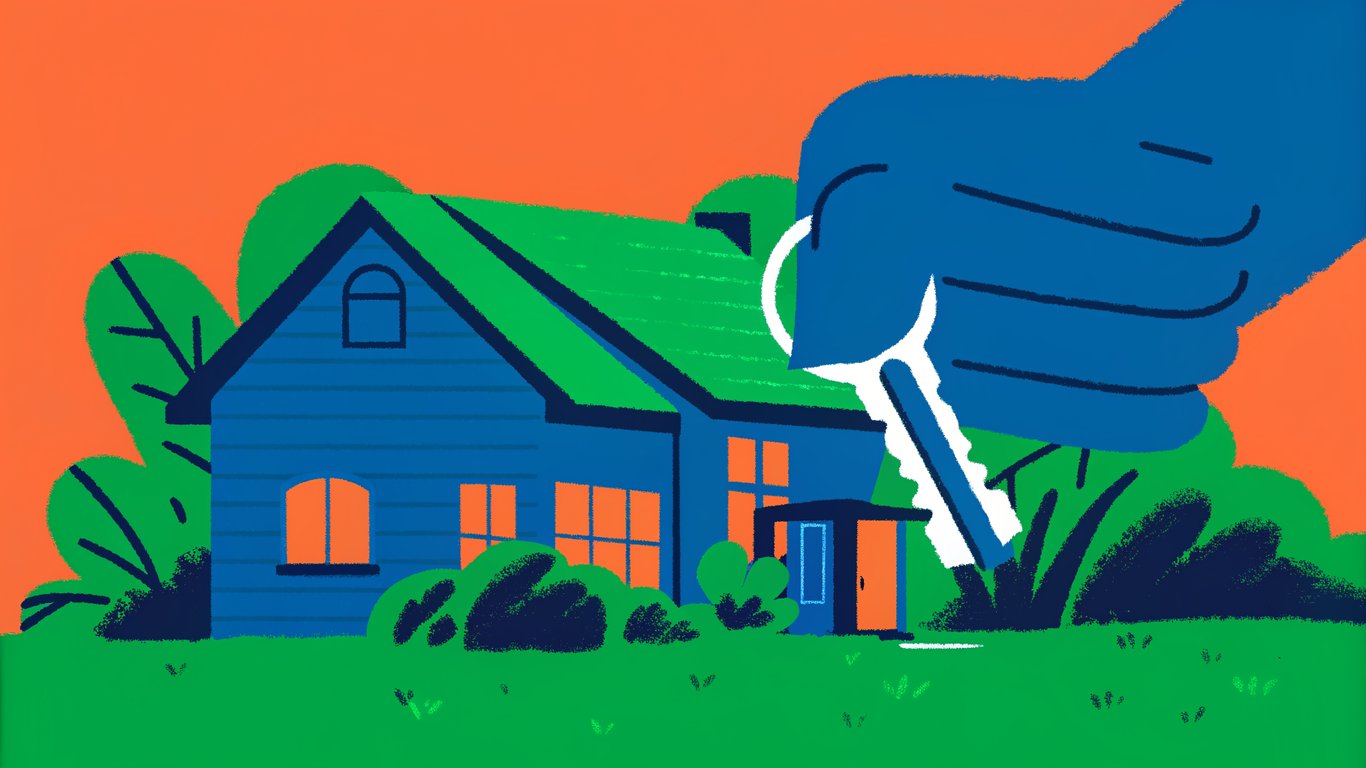 Illustration of a house with a key transforming into a lease document, representing a sell-and-stay agreement.