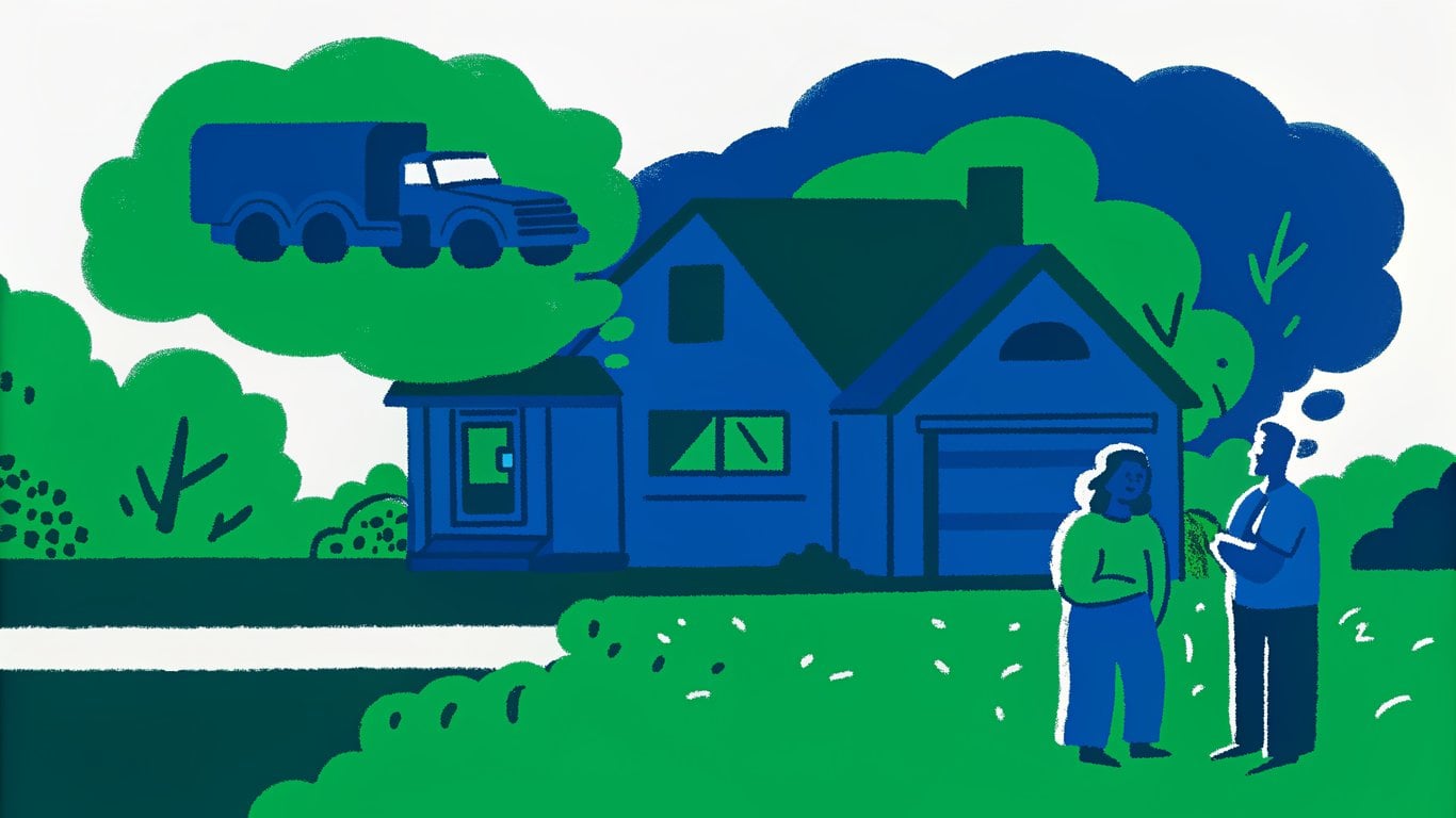 Illustration of a person feeling calm and stable in front of their home, with thought bubbles depicting various life events like job relocation, financial needs, and family, symbolizing flexibility.