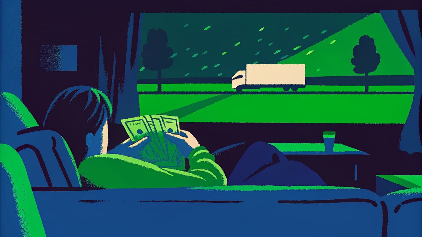 Illustration of a person comfortably sitting in their home with cash, while a moving truck is seen outside, symbolizing immediate access to equity without moving.
