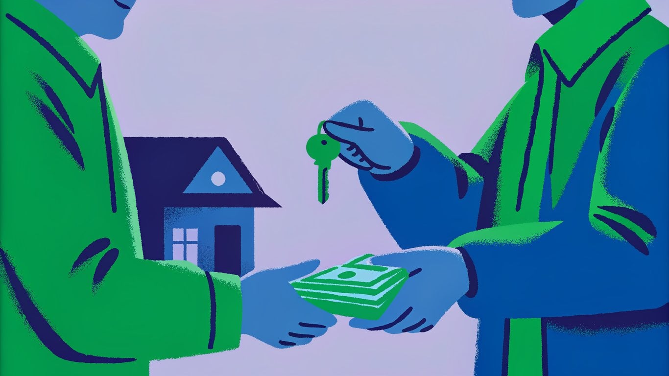 Illustration of a seller handing house keys directly to a buyer, symbolizing owner financing without a bank.