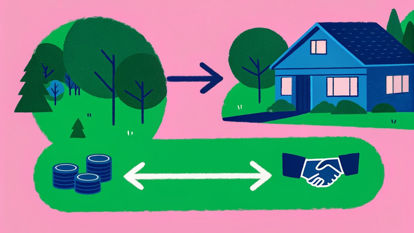 Diagram showing a house, then a handshake between seller and buyer, then money payments, and finally the house again, illustrating the owner financing process.