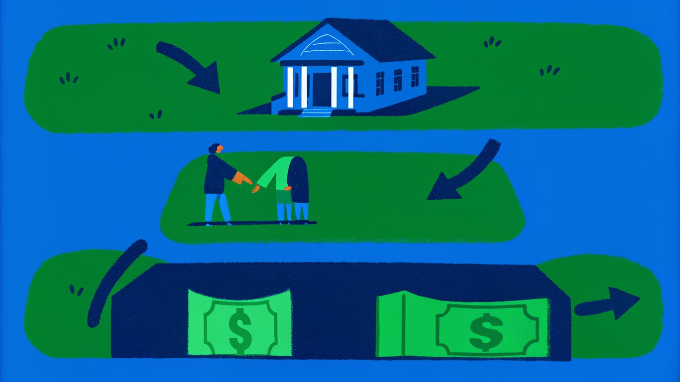 Illustration of a complex financial structure where a buyer pays a seller, and the seller then pays their original bank, depicting a wraparound mortgage.