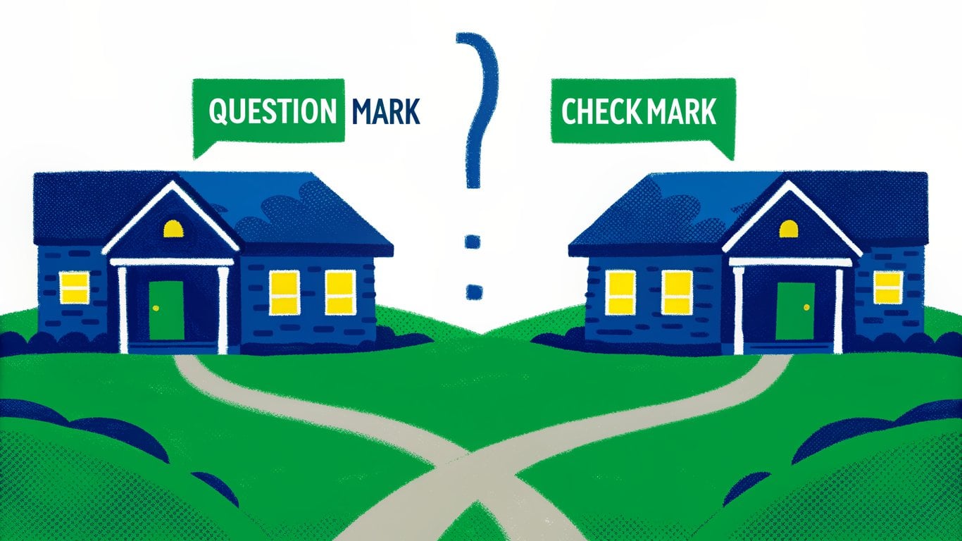 Two diverging paths, one leading to an optional house purchase and the other to an obligated purchase, representing lease-option versus lease-purchase agreements.