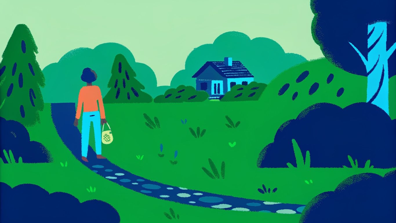 A person starting on a challenging path towards a house, symbolizing the journey to homeownership with initial hurdles.