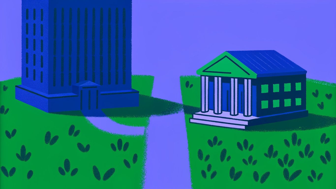 Diagram showing two different mortgage paths: one to a large, standardized entity and another to a smaller, portfolio lender.