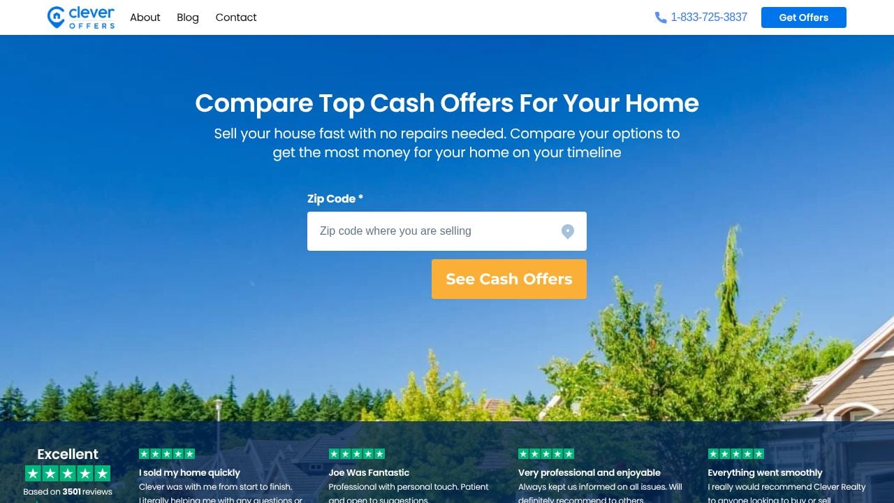 Screenshot of the Clever Offers website homepage, showing how sellers can get multiple cash offers.