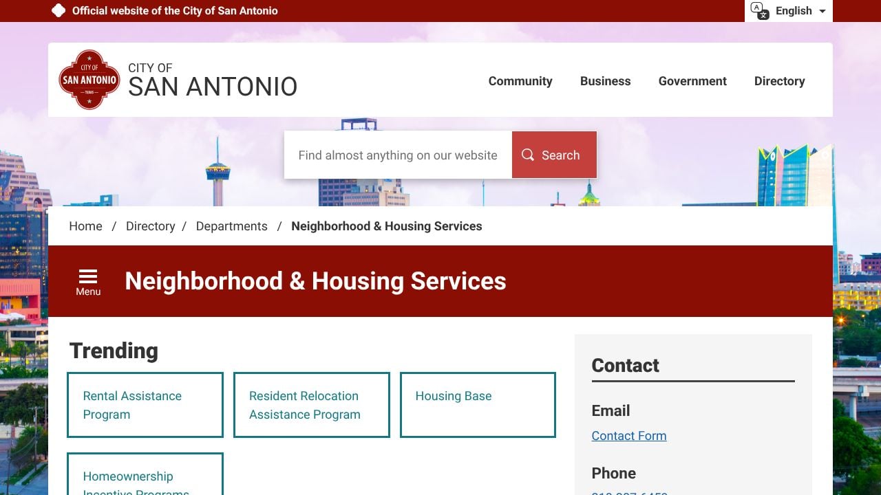 Screenshot of the City of San Antonio Neighborhood and Housing Services Department website, showing information about housing programs.