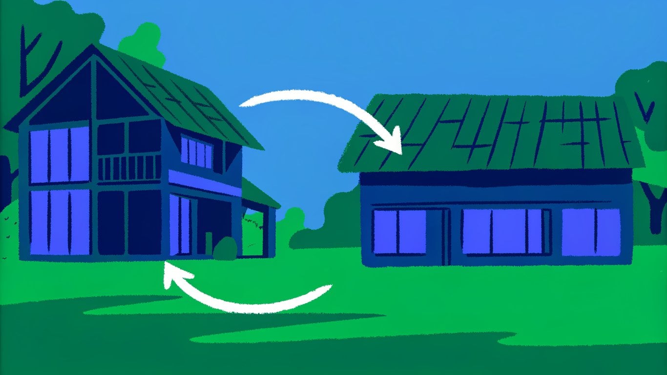Illustration of a home trade-in, showing an old house being swapped for a new one.