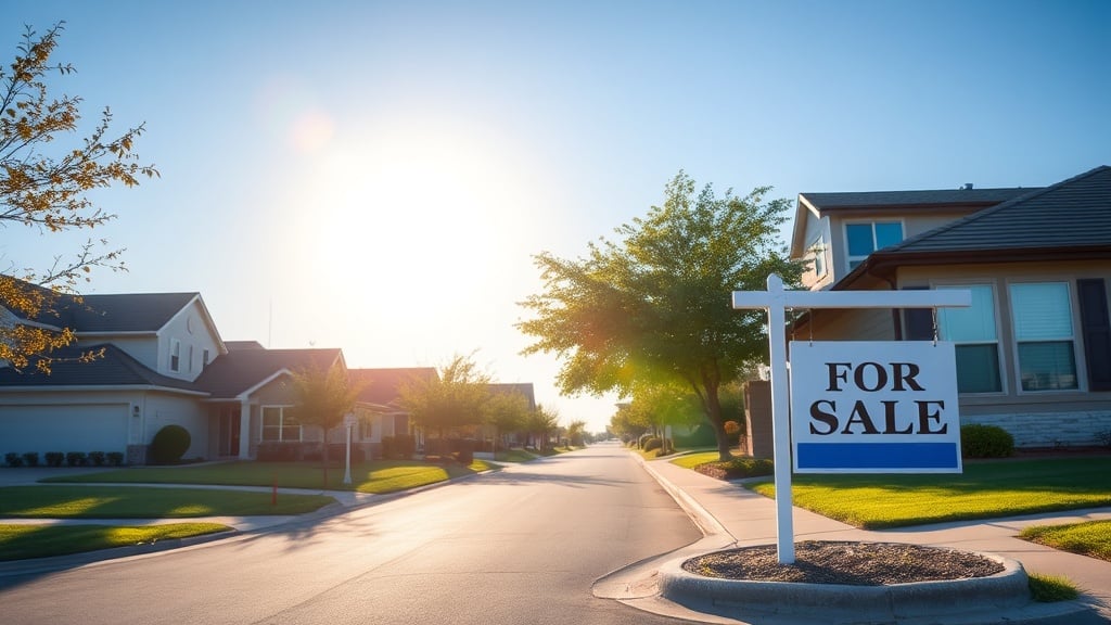 Sunlit suburban street in Katy, Texas, featuring a mix of mid-century modern and ranch-style homes, a fresh “For Sale” sign on a curb, and a clear blue sky above, conveying balance and opportunity in the real estate market.