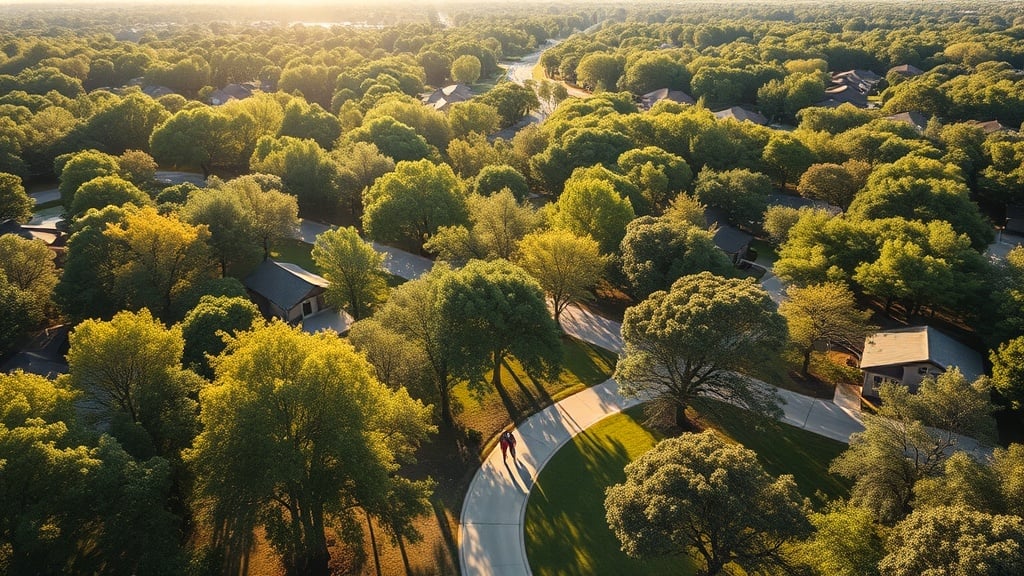 A panoramic aerial view of The Woodlands, Texas, showcasing lush tree-lined streets, modern homes, and a family strolling through a park. The scene is bathed in warm sunlight, with subtle hints of a balanced real estate market reflected in the calm, green surroundings.