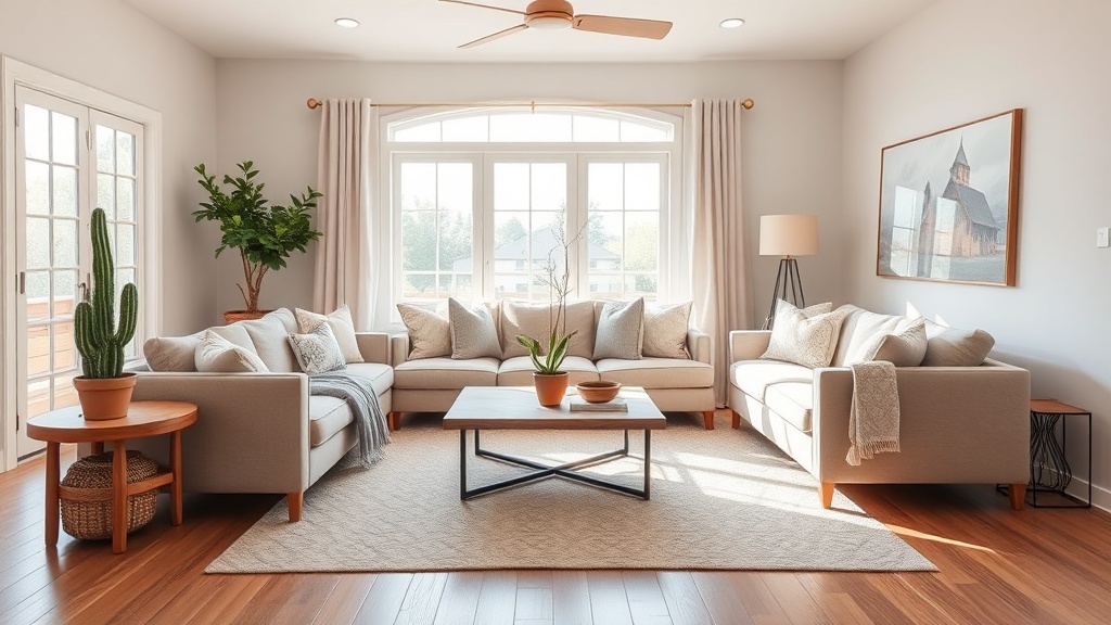 A bright, airy Texas ranch‑style living room staged with a neutral palette, a plush sectional, a polished wooden coffee table, a subtle cactus planter, and soft natural light pouring in through a large window, showcasing spacious layout and inviting warmth.