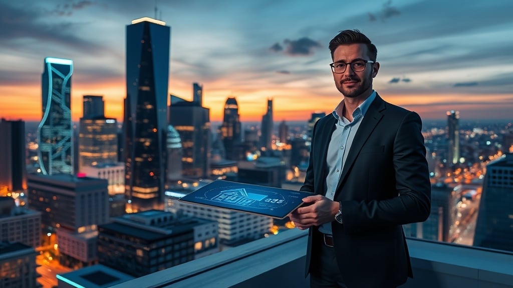 An ultra‑modern Houston skyline at dusk, glowing neon circuitry weaving through the buildings, with a confident real‑estate agent in a sleek suit standing on a rooftop, holding a holographic tablet that displays dynamic property data.
