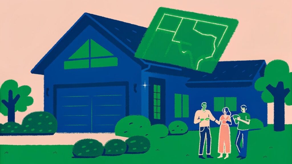 A sleek, modern Texas home at sunset, with a glowing holographic blueprint hovering above the front door, surrounded by a stylized map of Texas and a happy family holding a tablet, all bathed in warm sunrise light. The scene conveys a seamless blend of traditional home values and cutting‑edge digital tools, inviting viewers into the future of Texas home buying.