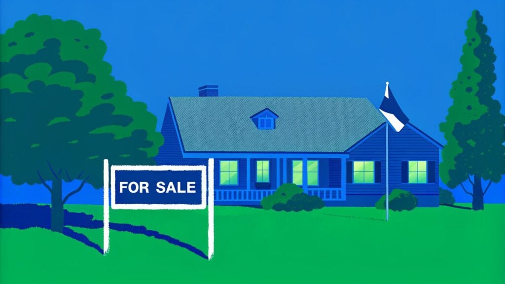 Sunlit Texas ranch‑style house with a prominent “For Sale” sign, a Lone Star flag waving beside a gleaming Texas skyline, and subtle dollar signs hovering above, evoking a fast‑moving, cash‑rich market.